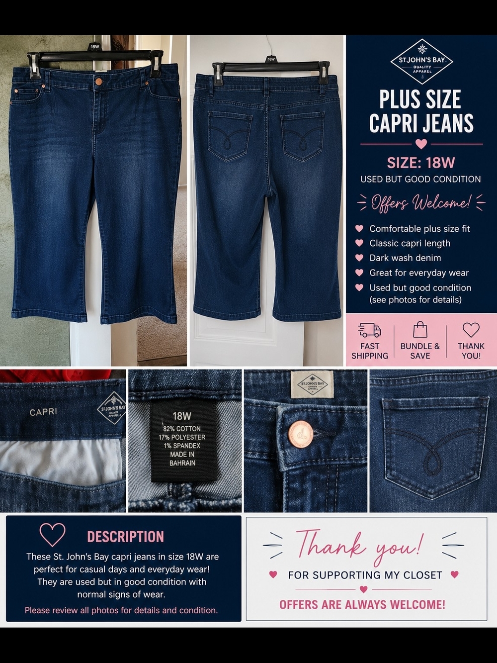 💙St. John's Bay Plus Size Capri Jeans 18W | Dark Wash | Used, Good Condition